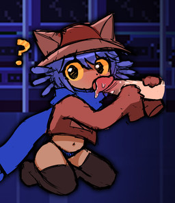 ambiguous_gender clothing disembodied_penis duo fellatio genitals legwear male oblivious oral penile penis sex thigh_highs thong underwear young premiumcatsup oneshot niko_(oneshot) humanoid hi_res