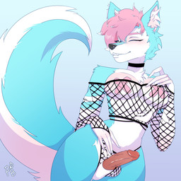 5_fingers abstract_background anthro balls band-aid bandage belly biped black_choker black_jewelry black_necklace black_nose blue_arms blue_body blue_ears blue_tail breasts brown_eyes choker clothing colored_nails countershade_crotch countershade_face countershade_fur countershade_tail countershade_torso countershading erection eyebrows fangs fingernails fingers fishnet_clothing fishnet_panties fishnet_topwear fishnet_underwear fluffy fluffy_tail fur genitals glans gradient_background gynomorph gynomorph_anthro hair humanoid_hands ineffective_clothing inner_ear_fluff intersex intersex_anthro jewelry lgbt_pride lips looking_at_viewer mouth_closed nails necklace one_eye_closed panties pasties penis pink_eyebrows pink_hair pointy_ears prick_ears pride_colors red_penis simple_background smile solo tail teeth topwear torn_clothing torn_fishnet_clothing torn_topwear transgender_pride_colors tuft underwear vein veiny_penis white_balls white_belly white_breasts white_face white_fingernails white_hands white_inner_ear_fluff white_lips white_nails white_neck white_tail wide_hips wink pugsbubbi ces canid canine fox mammal 1:1 absurd_res cel_shading colored digital_media_(artwork) hi_res shaded signature trans_(lore) trans_woman_(lore)