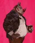 anthro beard belt beverage bottomwear clothed clothing coffee facial_hair fingerless_gloves gloves handwear horn jacket looking_down male overweight overweight_anthro overweight_male pants shirt simple_background smile solo tattoo topwear vetrowolf mammal rhinoceros 2017 absurd_res hi_res