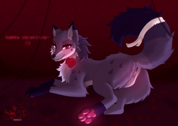 anus female feral flower flower_in_mouth fur genitals heart_symbol holidays humanoid_genitalia humanoid_genitalia_on_feral humanoid_vulva humanoid_vulva_on_feral inviting looking_at_viewer pawpads paws plant presenting presenting_vulva purple_body purple_fur red_eyes rose_(flower) rose_in_mouth solo vulva white_body white_fur astralia valentine's_day astralia_(character) canid canine canis fox hybrid mammal wolf hi_res