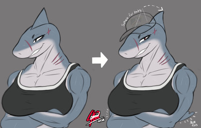 anthro arm_fin baseball_cap clothing design_comparison female fin florida gills hat head_fin headgear headwear muscular muscular_anthro muscular_female redesign scar scars_all_over shirt simple_background solo tank_top topwear drow462 brucie_(word360) aquatic fish great_white_shark mackerel_shark shark white_shark hi_res