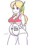 belly big_belly blonde_hair blush breasts female hair machine navel not_furry pregnant pregnant_female pregnant_humanoid pregnant_robot purple_eyes simple_background solo text under_boob white_background tinybone cave_story curly_brace android humanoid robot robot_humanoid digital_media_(artwork) english_text