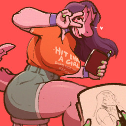 anthro blush bottomwear breasts clothing drawing_(action) female furniture gesture green_nail_polish hand_gesture hotpants one_eye_closed pink_body pink_nail_polish shirt shorts sketchbook solo stool t-shirt text_on_t-shirt topwear v_sign wink wristband buffysaintfury goodbye_volcano_high ko_op_(game_developer) stacy_(gvh) allosauroid carcharodontosaurid dinosaur giganotosaurus prehistoric_species reptile saurischian scalie theropod low_res