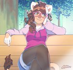 5_fingers anthro arms_bent bench bent_legs bottomwear breasts brown_hair claws clothed clothing clothing_cord crossed_legs drawstring drawstring_topwear eyewear female fingers fully_clothed glasses hair hand_on_face hand_on_head hoodie humanoid_face leg_over_thigh legwear long_hair on_bench outside pantyhose plant resting_arms sitting smile solo topwear luxar92 dandee_(character) felid lion mammal pantherine 2021 digital_media_(artwork) hi_res