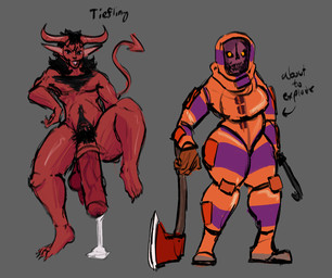 animal_genitalia big_penis black_hair bodily_fluids body_hair bone chest_hair clothed clothing cum environmental_suit equine_genitalia female fire_axe genital_fluids genitals hair horn male nude orange_clothing penis pubes red_body simple_background skull skull_head spade_tail tail text ratrat13 space_station_13 humanoid plasmaman tiefling