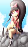 accessory bow_(feature) bow_accessory bow_ribbon bra breasts centered_hair_bow clothed clothing cloud female hair hair_accessory hair_bow hair_mouth hair_ribbon not_furry on_wall pokemorph red_eyes ribbons sharp_teeth shirt sitting sky smile solo teeth text topwear underwear rilex_lenov nintendo pokemon fan_character gaghiel generation_3_pokemon humanoid mawile pokemon_(species) 2017 digital_media_(artwork) english_text