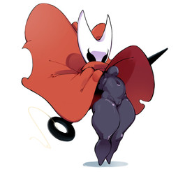 anthro black_eyes bottom_heavy breasts cloak cloak_only clothing empty_eyes eyelashes featureless_feet feet female front_view genitals grey_body holding_object holding_weapon navel red_cloak red_clothing simple_background small_breasts solo thick_thighs vulva weapon white_background white_body wide_hips twenty_2 hollow_knight_(franchise) team_cherry hornet_(hollow_knight) arthropod insect absurd_res hi_res