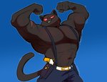 anthro belt big_muscles big_pecs blush bottomwear cat_tail clothed clothing denim denim_bottomwear denim_clothing facial_scar flexing gun gun_holster holster huge_muscles huge_pecs jeans male muscular muscular_anthro muscular_male overalls pants pecs ranged_weapon scar smile smirk solo topless weapon komoroshi_(artist) epic_games fortnite meowscles meowscles_(shadow) domestic_cat felid feline felis mammal