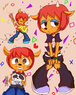 anthro electric_guitar eyeshadow female guitar hair happy heart_symbol horn lipstick looking_at_viewer makeup musical_instrument playing_guitar playing_music plucked_string_instrument red_hair simple_background smile string_instrument unknown_artist parappa_the_rapper sony_corporation sony_interactive_entertainment um_jammer_lammy lammy_lamb bear giant_panda mammal 4:5