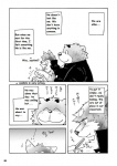 anthro dialogue duo eating food lunch male meat overweight sashimi text third-party_edit wantaro bear canid canine canis domestic_dog mammal comic english_text greyscale hard_translated monochrome translated translation_edit