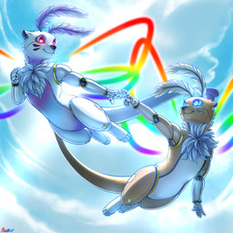 5_fingers 5_toes ambiguous_gender antennae_(anatomy) anthro black_nose blue_eyes brown_body brown_ears brown_fur brown_tail chest_tuft cloud detailed_background digitigrade duo eye_contact feet fingers flying fur light long_tail looking_at_another machine metallic_body multicolored_wings rainbow_wings red_eyes semi-anthro sky tail thick_tail toes tuft white_body white_ears white_fur white_tail wings conditional_dnp ratte android arthropod hybrid insect lepidopteran mammal moth mustelid otter robot 1:1 2019 digital_media_(artwork) hi_res lighting