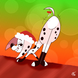 black_nose blue_collar butt christmas_clothing christmas_headwear clothing collar featureless_crotch female feral floppy_ears fur hat headgear headwear holidays leg_markings long_ears markings mistletoe mistletoe_on_tail pink_inner_ear plant presenting presenting_hindquarters santa_hat smile socks_(marking) spots spotted_body spotted_fur tail toony white_body white_fur unclescooter 101_dalmatian_street 101_dalmatians christmas disney dolly_(101_dalmatians) canid canine canis dalmatian domestic_dog mammal