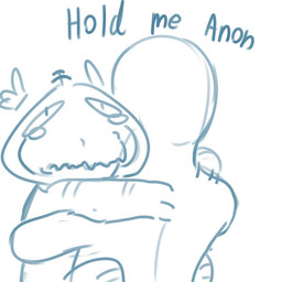 bodily_fluids crying cuddling duo hug love male simple_background tears text what white_background fishboner_(artist) anon human mammal monster 1:1 2015 digital_media_(artwork) english_text monochrome sketch