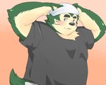 anthro belly black_nose blush clothing green_body kemono male overweight overweight_male shirt solo topwear inunoshippo lifewonders live_a_hero mokdai canid canine canis domestic_dog mammal 2022 5:4 hi_res