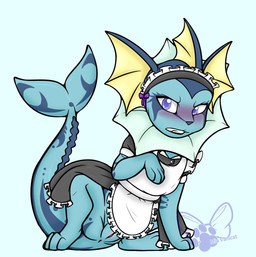 anus blue_background blue_body blue_eyes blush clothing female feral fin footprint frill_(anatomy) genitals head_fin looking_at_viewer maid_headdress maid_uniform markings neck_frill pawprint raised_tail simple_background solo tail tail_fin teeth text uniform vulva miu_vamcat nintendo pokemon fan_character showers_the_vaporeon aquatic eeveelution generation_1_pokemon pokemon_(species) vaporeon 2020 artist_name hi_res andromorph_(lore)