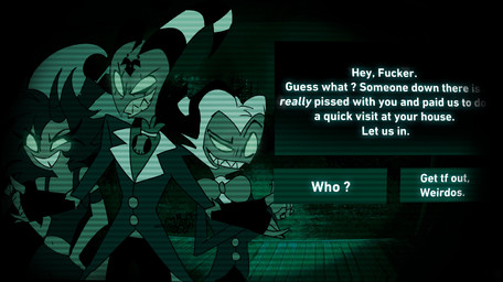 bow_(feature) buckteeth button_(fastener) clothed clothed_female clothed_male clothing coat crop_top dialogue evil_grin eyebrows female fur gloves grin group hair handwear horn male multicolored_body multicolored_fur night outside profanity raised_eyebrow shirt sinister_smile smile standing teeth text topwear trio white_hair kaile_(mion606) hellaverse helluva_boss no_i'm_not_a_human blitzo_(helluva_boss) millie_(helluva_boss) moxxie_(helluva_boss) demon humanoid imp mammal absurd_res crossover english_text hi_res