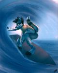 anthro clothed clothing crouching looking_back male outside smile solo surfboard surfer surfing swimwear topless vehicle watercraft coszcatl herpestid mammal meerkat hi_res