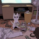 ambiguous_gender duo electronics feral letter television tissue_box whiskers mojacookie shikaruneko_(series) amayakasuneko shikaruneko domestic_cat felid feline felis mammal 1:1 hi_res official_art