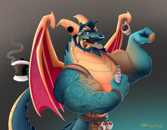 anthro apron beard beverage biceps big_arms blue_body blue_hair blue_scales bracelet claws clipboard clothing coffee container cup facial_hair facial_piercing facial_spikes fangs flexing flexing_bicep furgonomic_piercing furgonomics grey_background hair holding_clipboard holding_object horn horn_piercing jewelry looking_at_viewer male mature_anthro mature_male mug muscular muscular_anthro muscular_arms muscular_male mustache nose_piercing nose_ring open_mouth open_smile piercing ring_piercing scales simple_background smile smiling_at_viewer solo spiked_tail spikes spikes_(anatomy) standing steam tail tan_body tan_scales tattoo teeth thick_arms wings ringstar0 activision mythology spyro_reignited_trilogy spyro_the_dragon gavin_(spyro) rescued_dragons_(spyro) dragon mythological_creature mythological_scalie reptile scalie 2021 absurd_res hi_res