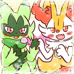 ambiguous_anthro ambiguous_gender anthro biped blush blush_stickers cute_fangs duo fangs front_view hand_holding heart_symbol looking_at_viewer open_:3 open_mouth open_smile smile standing teeth annyui0611 nintendo pokemon braixen canid felid floragato generation_6_pokemon generation_9_pokemon mammal pokemon_(species) 1:1 2022 digital_drawing_(artwork) digital_media_(artwork) half-length_portrait hi_res japanese_description portrait translated_description