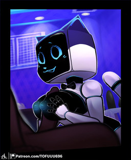 anthro big_breasts black_border black_bow_tie black_eyes blue_nose blue_sclera border bow_tie breast_play breasts dark_body dark_skin duo female front_view genitals glowing glowing_nipples huge_breasts inverted_nipples machine male male/female nipples penis screen screen_face sex sex_toy text titfuck white_body tofuuu pudu_robotics bellabot domestic_cat felid feline felis human mammal robot robot_anthro hi_res url