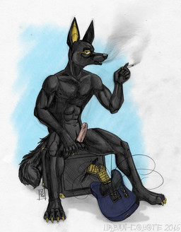 amplifier anthro balls electric_guitar erection genitals glans guitar male musical_instrument penis plucked_string_instrument sitting smoking solo string_instrument egyptian_mythology middle_eastern_mythology mythology anubis anubian_jackal canid canine canis deity jackal mammal hi_res