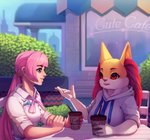 anthro beverage blue_eyes breasts building cafe chair clothing drinking_straw duo female fur furniture hair holding_object hoodie inner_ear_fluff long_hair open_mouth outside pink_hair plant ponytail red_eyes red_nose rolled_up_sleeves shrub sitting smile table talking_to_another topwear tuft white_body white_fur yellow_body yellow_fur x-teeth-x nintendo pokemon vocaloid fan_character megurine_luka seraphine_(roflfox) braixen generation_6_pokemon human mammal pokemon_(species) 2020 hi_res