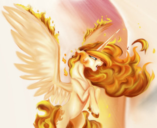 alternate_color bodily_fluids corruption cutie_mark feathered_wings feathers female feral fire flaming_hair horn open_mouth pseudo_hair saliva solo white_body white_feathers wings bri-sta friendship_is_magic hasbro my_little_pony mythology princess_celestia_(mlp) equid equine mammal mythological_creature mythological_equine winged_unicorn 2013