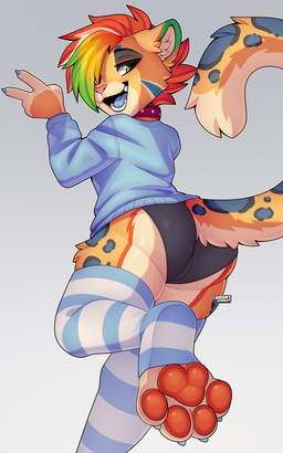 anthro biped blush butt claws clothed clothed_anthro clothed_female clothing collar feet female fingers fur hair looking_at_viewer panties paws rear_view shirt simple_background smile solo spots tail teeth toes tongue topwear underwear jinxit felid feline mammal 2026 absurd_res digital_drawing_(artwork) digital_media_(artwork) hi_res