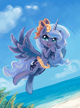 beach blue_body blue_feathers blue_hair cloud cutie_mark detailed_background feathered_wings feathers female feral hair horn outside quadruped sand sea seaside sky smile solo sun tail teal_eyes water wings karol_pawlinski friendship_is_magic hasbro my_little_pony mythology princess_luna_(mlp) equid equine mammal mythological_creature mythological_equine winged_unicorn 2013 hi_res