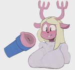 anthro antlers anus big_breasts big_eyes biped black_outline blonde_hair blush blush_lines blushing_profusely breasts brown_body brown_fur brown_nose buckteeth cartoon_eyes clothed clothing cross-eyed dark_anus doe_with_antlers dress ears_down female fully_clothed fur genitals hair horn huge_breasts looking_at_object looking_at_self looking_at_sex_toy nervous_smile open_mouth outline penetrable_sex_toy pink_antlers pink_body pivoted_ears sex_toy simple_background smile solo teeth thin_neck white_background white_clothing white_dress drawfag deltarune undertale_(series) noelle_holiday deer mammal monster new_world_deer reindeer 2022 colored colored_sketch digital_drawing_(artwork) digital_media_(artwork) guide_lines half-length_portrait hi_res portrait sketch