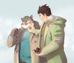 anthro blush clothing duo feeding food jacket male male/male plant romantic romantic_couple snow sweet_potato topwear vegetable winter inutora08 lifewonders tokyo_afterschool_summoners jock_protagonist_(tas) moritaka_(tas) protagonist_(tas) canid canine canis domestic_dog human mammal