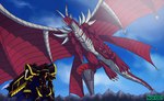 alphamon ambiguous_gender anthro armor bandai_namco black_armor blue_sky cape clothing digimon digimon_(species) dragon duo examon featureless_crotch green_eyes hi_res holding_object horn large_wings long_tail male markings mountain muscular mythological_creature mythological_scalie mythology noki001 red_body scalie sharp_teeth sky spikes tail teeth x-digimon yellow_markings