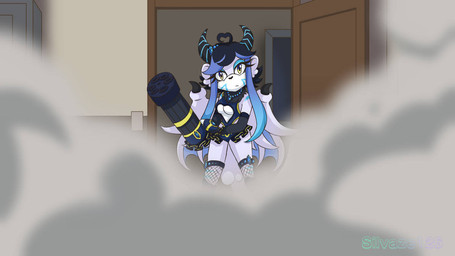 amber_eyes anthro black_hair blue_markings clothing female fingerless_gloves fishnet_clothing fishnet_legwear gatling_gun gem gloves gun gun_arm hair handwear horn legwear machine_gun markings minigun ranged_weapon screencap screencap_background smoke solo topwear weapon weapon_arm white_body wings silvaze126 sega sonic_the_hedgehog_(series) velatis_ferio_caedo unknown_species