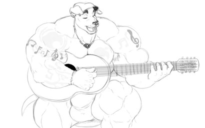 acoustic_guitar anthro armpit_hair biceps big_muscles body_hair bulge clothed clothing ear_piercing guitar hat headgear headwear huge_muscles hyper hyper_muscles jewelry male muscular muscular_anthro muscular_male musical_instrument necklace pecs piercing plucked_string_instrument serratus simple_background solo string_instrument tattoo topless itzcharlie animal_crossing nintendo k.k._slider canid canine canis domestic_dog mammal 16:10 monochrome sketch source_request unavailable_at_source widescreen