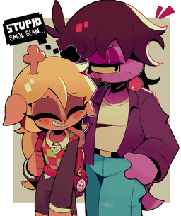 accessory anthro antlers backpack blonde_hair blush brown_body brown_hair buckteeth cartoon_freckles clothed clothing dialogue duo eyelashes eyes_closed female female/female freckled_face freckles glistening_eyelids hair half-closed_eyes horn jacket jewelry long_eyelashes male multicolored_clothing narrowed_eyes necklace neckwear pin_accessory purple_body red_nose shirt shy simple_background size_difference smile smiling_at_another sweater teeth text thought_bubble tongue tongue_out topwear yellow_eyes mistakeharvest deltarune undertale_(series) noelle_holiday susie_(deltarune) tbh_(character) deer dinosaur mammal new_world_deer prehistoric_species reindeer reptile scalie absurd_res hi_res
