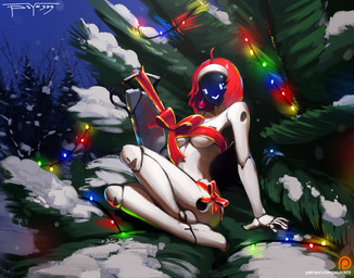 5_fingers :> doll_joints female fingers front_view glowing glowing_eyes hair holidays light_body light_skin lights looking_at_viewer machine noseless not_furry pale_skin red_hair ribbons screen screen_face smile solo vertical_bar_eyes white_body white_skin psyk323 christmas fiona_(psyk) humanoid robot