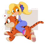 anthro blonde_hair clothing duo female feral hair heart_symbol male overalls pawpads riding text merunyaa activision crash_bandicoot_(series) coco_bandicoot pura_(crash_bandicoot) bandicoot felid mammal marsupial pantherine tiger absurd_res digital_media_(artwork) hi_res shaded url