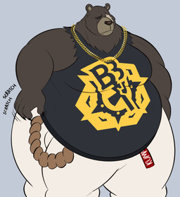 anthro black_clothing black_shirt black_tank_top black_topwear bottomwear brown_body brown_fur chain_necklace clothing eye_scar eyes_closed facial_scar fur jewelry male necklace obese obese_male overweight overweight_male pants scar scratching shirt solo tank_top topwear white_bottomwear white_clothing white_pants jay_mega mihoyo zenless_zone_zero ben_bigger bear mammal thiren 2024 hi_res