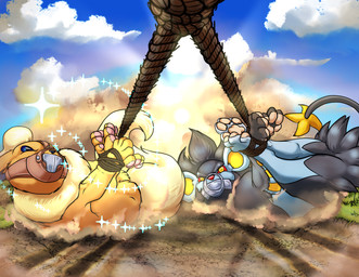 ambiguous_gender bdsm blue_body blue_fur bondage bound captured cloud dirt dragging duo feral feral_bondage fluffy fluffy_tail fur gag gagged head_tuft hogtied pawpads paws restraints rope rope_bondage tail tuft yellow_body yellow_fur raptorroper nintendo pokemon eeveelution flareon generation_1_pokemon generation_4_pokemon luxray pokemon_(species) shiny_pokemon hi_res