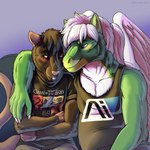 anthro bottomwear clothing duo flirting fur gradient_background green_body green_fur pants purple_background simple_background smile tail marjani game_of_thrones mythology dragon mammal murid murine mythological_creature mythological_scalie rat rodent scalie 1:1 2021 hi_res