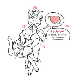 anthro blush bottomwear cardiophilia caressing claws clothing cuddling duo eyes_closed female fluffy footwear happy heart_(marking) heart_symbol heartbeat horn inner_ear_fluff listening_to_chest male male/female markings relaxing resting_on_partner romantic shorts socks speech_bubble spots spotted_body topwear tuft wafas felid mammal line_art