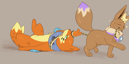 animal_genitalia bdsm bondage bound crown dragging duo feral genitals headgear leash leash_pull lying male male/male on_back partially_visible_genitals royalty sheath notsafecat nintendo pokemon meep_the_eevee soggy_(soggybuizel) buizel eevee generation_1_pokemon generation_4_pokemon pokemon_(species) hi_res