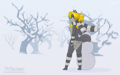 anthro blonde_hair blue_eyes bottomless breasts butt chest_tuft clothed clothing countershade_butt countershade_face countershade_tail countershade_torso countershading female footwear fur grey_body grey_countershading grey_fur hair legwear light_body looking_at_viewer looking_back looking_back_at_viewer nipples pattern_clothing pattern_footwear pattern_legwear pattern_scarf pattern_socks pink_nipples plant plantigrade rear_view scarf snow snowman socks solo standing striped_clothing striped_footwear striped_scarf striped_socks stripes tail text topless tree tuft winter helsy lafille canid canine canis mammal wolf 16:10 digital_media_(artwork) english_text shaded widescreen