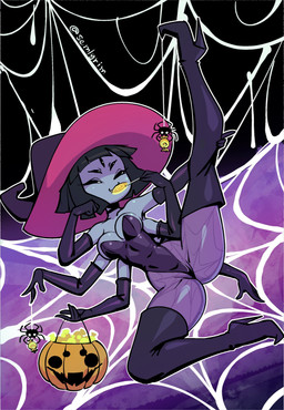 5_eyes 6_arms :3 abstract_background arm_support armwear bangs big_breasts black_hair boots breasts bucket candy candy_bucket choker cleavage clothed clothing container cute_fangs dessert elbow_gloves fangs female food footwear gloves hair handwear hat headgear headwear high_heeled_boots high_heels holding_bucket holding_candy holding_container holding_food holding_lollipop holding_object holidays jewelry leaning_on_elbow legwear lollipop lollipop_in_mouth lying multi_arm multi_eye multi_limb necklace on_side one_leg_up purple_body raised_leg shoes short_hair solo spider_web spider_web_print spread_legs spreading teeth thigh_boots thigh_highs tights witch_hat sem-l-grim halloween undertale undertale_(series) muffet ambient_arachnid ambient_arthropod ambient_spider animal_humanoid arachnid arachnid_humanoid arthropod arthropod_humanoid humanoid spider spider_humanoid 2025 absurd_res hi_res signature