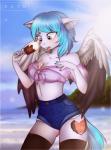 anthro beach blue_hair blush bottomwear bra breasts cleavage clothed clothing cutie_mark dessert detailed_background dripping eyebrows eyelashes feathered_wings feathers female folded_wings food food_fetish food_play hair ice_cream legwear looking_down multicolored_hair navel open_mouth outside seaside short_hair shorts solo standing stockings thigh_highs tongue tongue_out two_tone_hair underwear white_body white_feathers wings nath hasbro my_little_pony mythology fan_character jewel_blue_(cloppermania) equid equine mammal mythological_creature mythological_equine pegasus hi_res signature