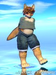 anthro blue_sky blush bottomwear chest_tuft clothed clothing clothing_lift cloud denim denim_bottomwear denim_clothing denim_shorts eyewear fingerless_gloves glasses gloves hair hands_behind_back handwear male overweight reflection shirt shirt_lift shorts sky smile solo tail text topwear tuft water young young_anthro young_male jackthorn jackal_pawpad canid canine canis jackal mammal 2014 3:4 3d_(artwork) digital_media_(artwork) signature