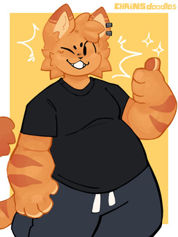 4_fingers anthro black_bottomwear black_clothing black_pants black_shirt black_topwear bottomwear clothing ear_piercing fingers fur gesture hand_gesture head_tuft male markings one_eye_closed orange_body orange_fur orange_markings overweight overweight_anthro overweight_male pants piercing shirt simple_background smile solo striped_markings stripes tail teeth thumbs_up topwear tuft chainsdoodles domestic_cat felid feline felis mammal 2026 3:4 colored digital_drawing_(artwork) digital_media_(artwork) hi_res shaded