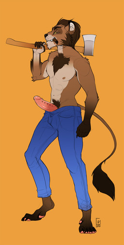 5_fingers 5_toes abs anthro armpit_hair athletic athletic_anthro athletic_male axe barbed_humanoid_penis barefoot biped black_nose body_hair bottomwear bottomwear_down brown_body brown_fur brown_hair chest_hair cigar clothed clothing denim denim_bottomwear denim_clothing digitigrade erection facial_hair feet fingers fur genitals glans grin hair half-closed_eyes holding_object humanoid_genitalia humanoid_penis hybrid_genitalia hybrid_penis jeans looking_at_viewer male melee_weapon muzzle_scabs narrowed_eyes navel nipples object_in_mouth pants pants_down partially_clothed penile_spines penis pink_penis pubes red_eyes sideburns simple_background smile solo standing teeth toes topless weapon weapon_on_shoulder yellow_sclera furlana felid lion mammal pantherine 2016 digital_media_(artwork) hi_res shaded