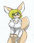 anthro big_breasts blonde_hair blush breasts cleavage clothed clothing female hair solo thick_thighs pace-maker fan_character nana canid canine fox mammal hi_res